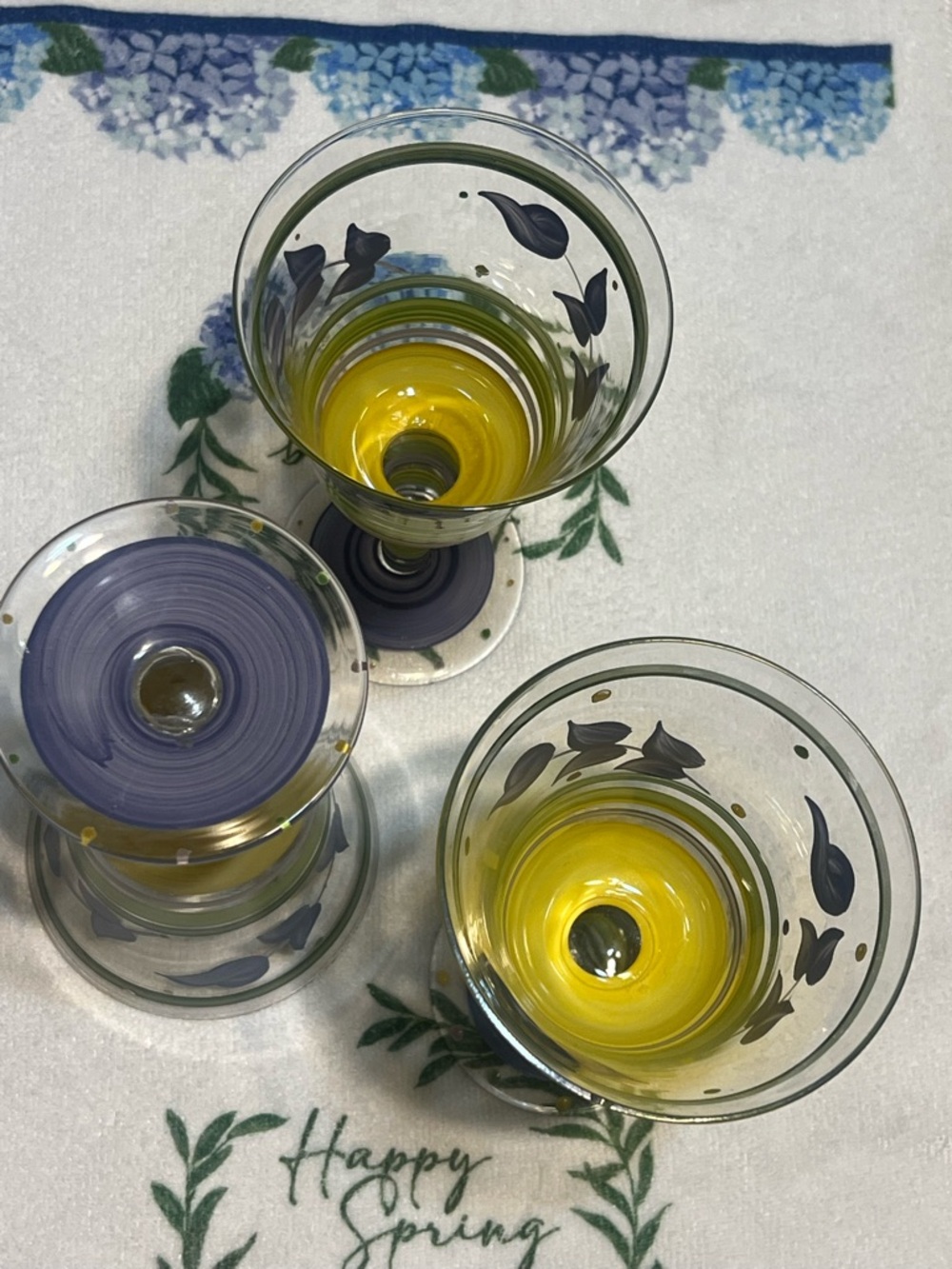 Hand-Painted Green & Yellow Floral Glass Goblets - Set of 3 - Picture 3 of 3